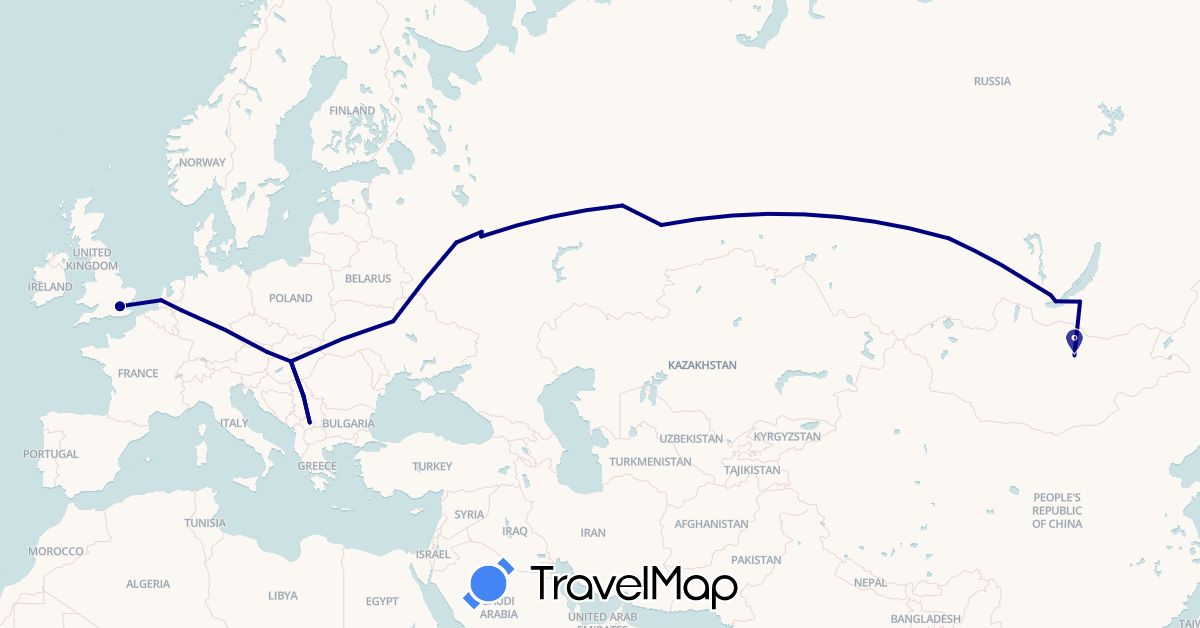 TravelMap itinerary: driving in Austria, Germany, United Kingdom, Hungary, Mongolia, Netherlands, Serbia, Russia, Ukraine, Kosovo (Asia, Europe)